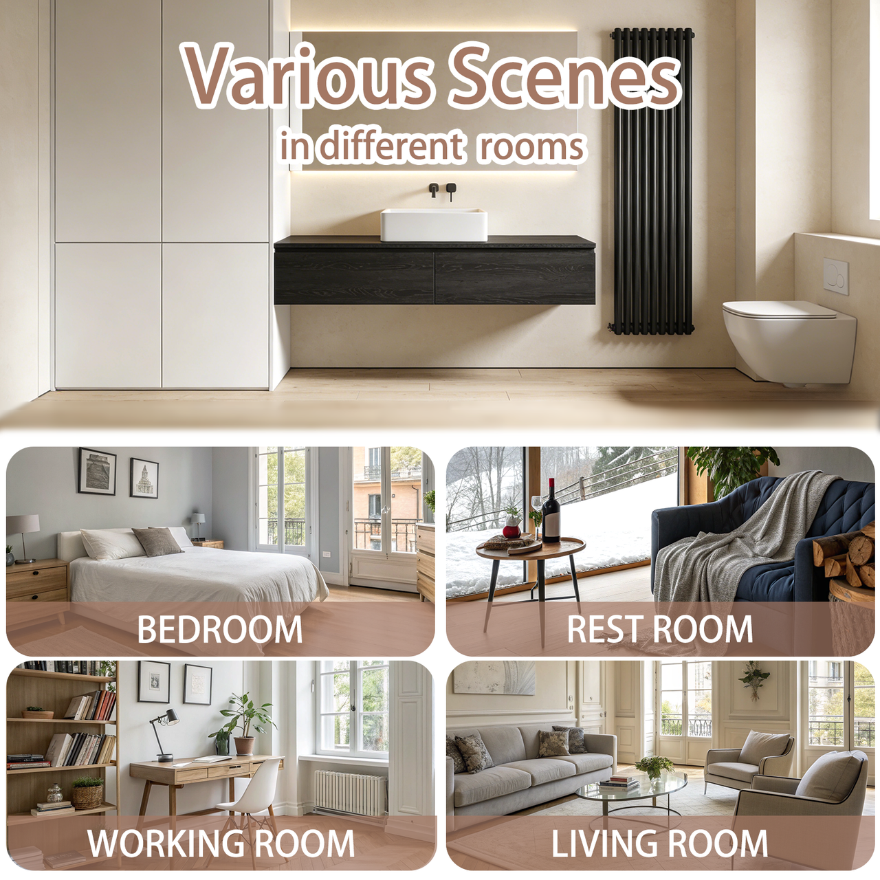 Oval Column Radiator suitable for a range of interior spaces, including bathrooms, bedrooms, living rooms and home offices.