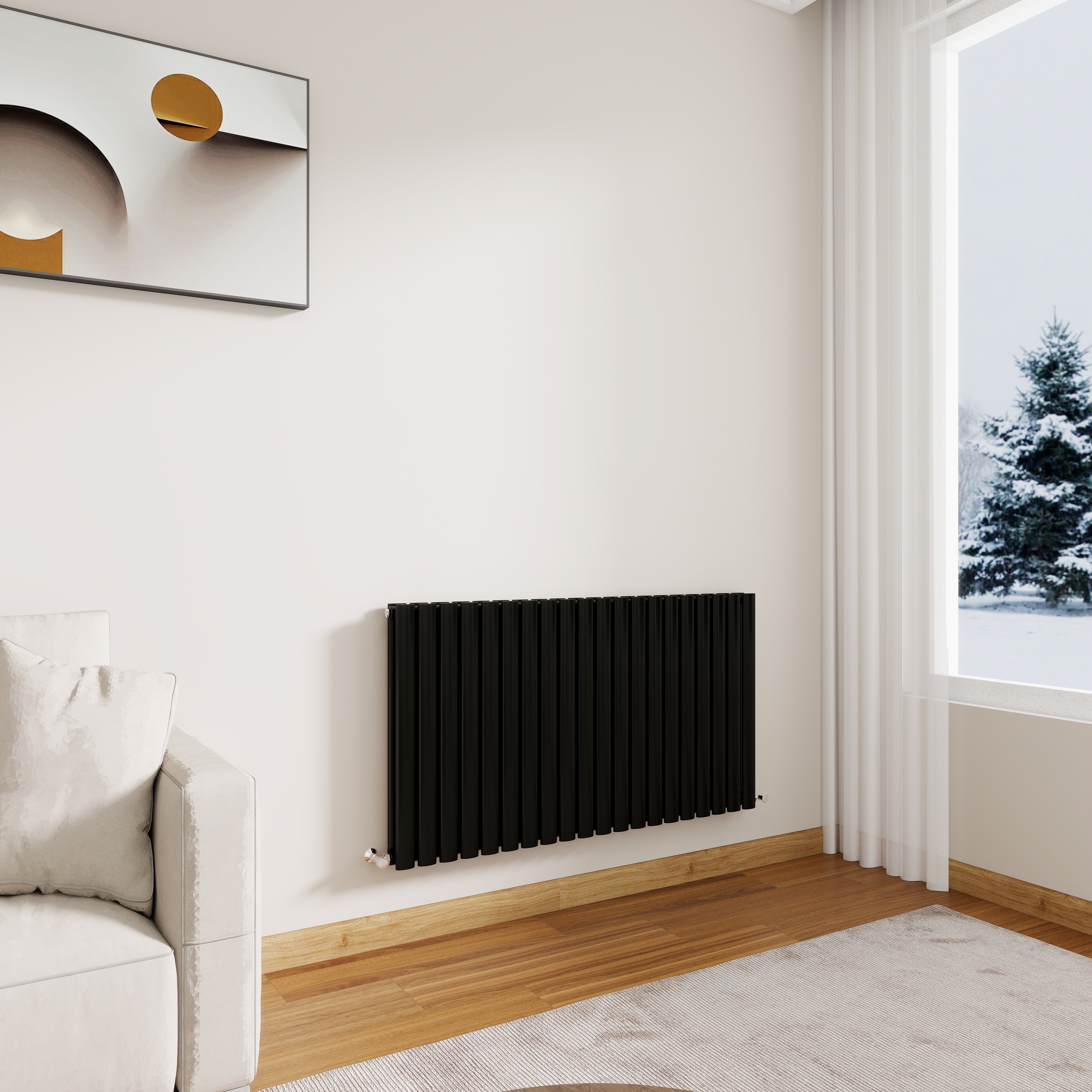 STECHHOMES Designer Oval Column Radiator – Horizontal Central Heating — 600x1180mm Double Black