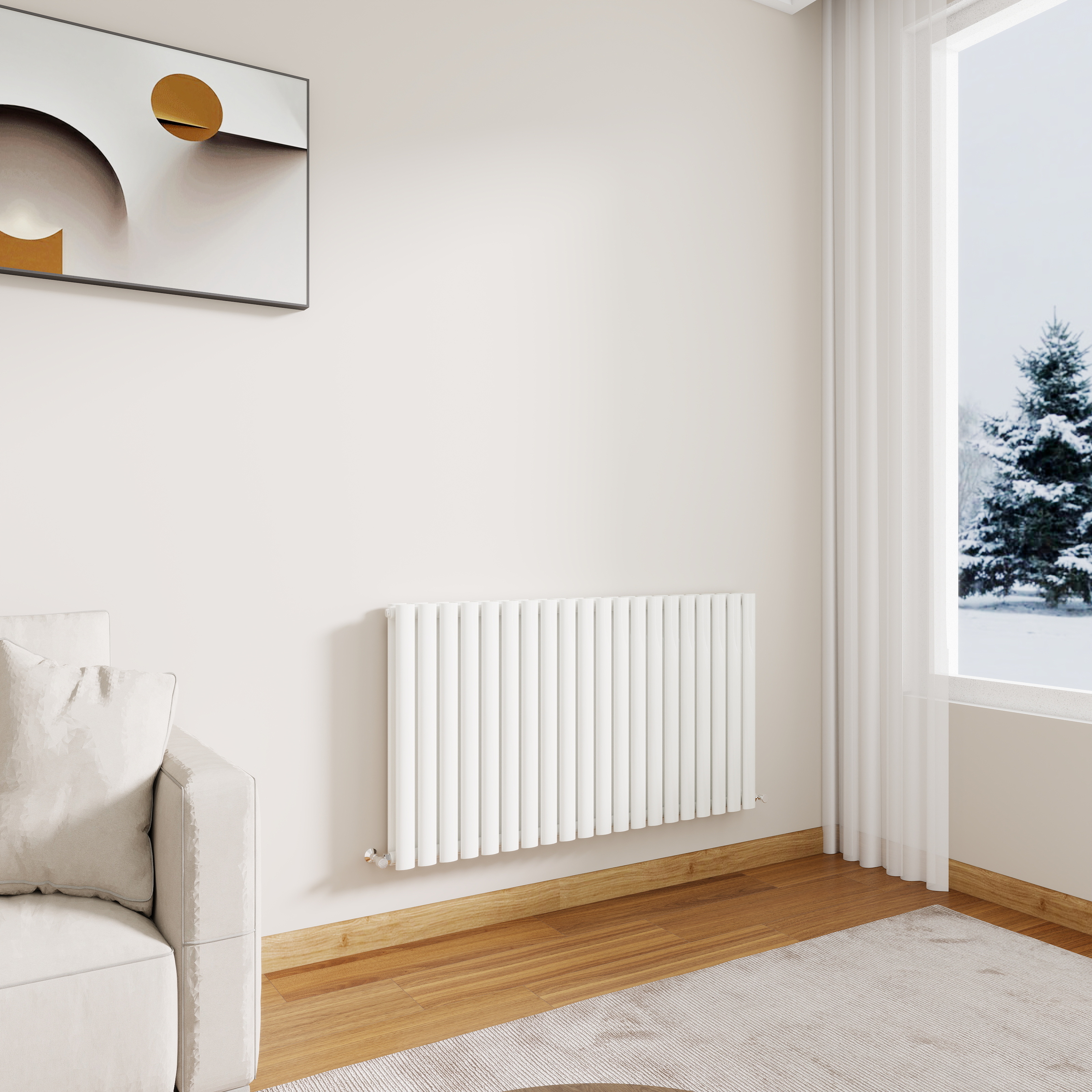 White Designer Double Panel Horizontal Oval Column Radiator in a modern living room.