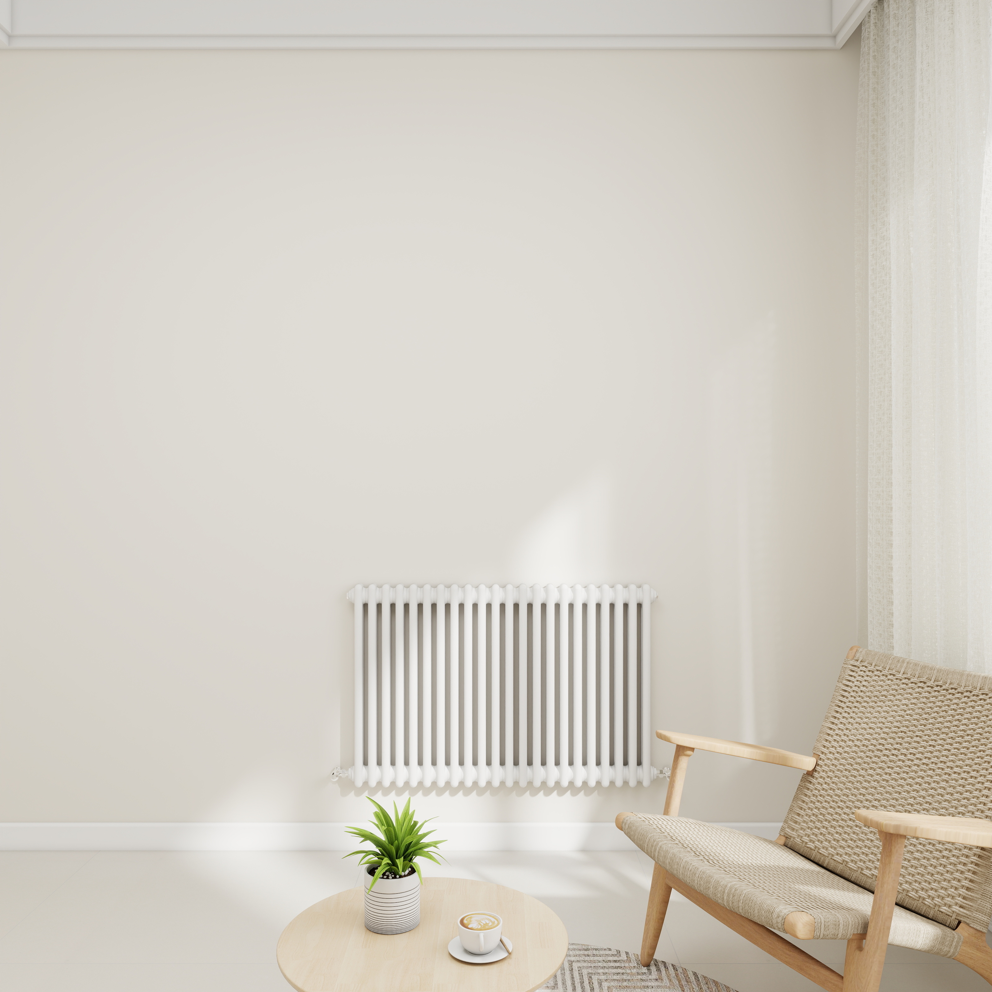 White Horizontal Traditional Column Radiator in a modern room setting.