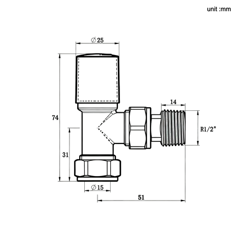 Dimension drawing of a STECHHOMES angled radiator valve set showing valve and connection measurements.