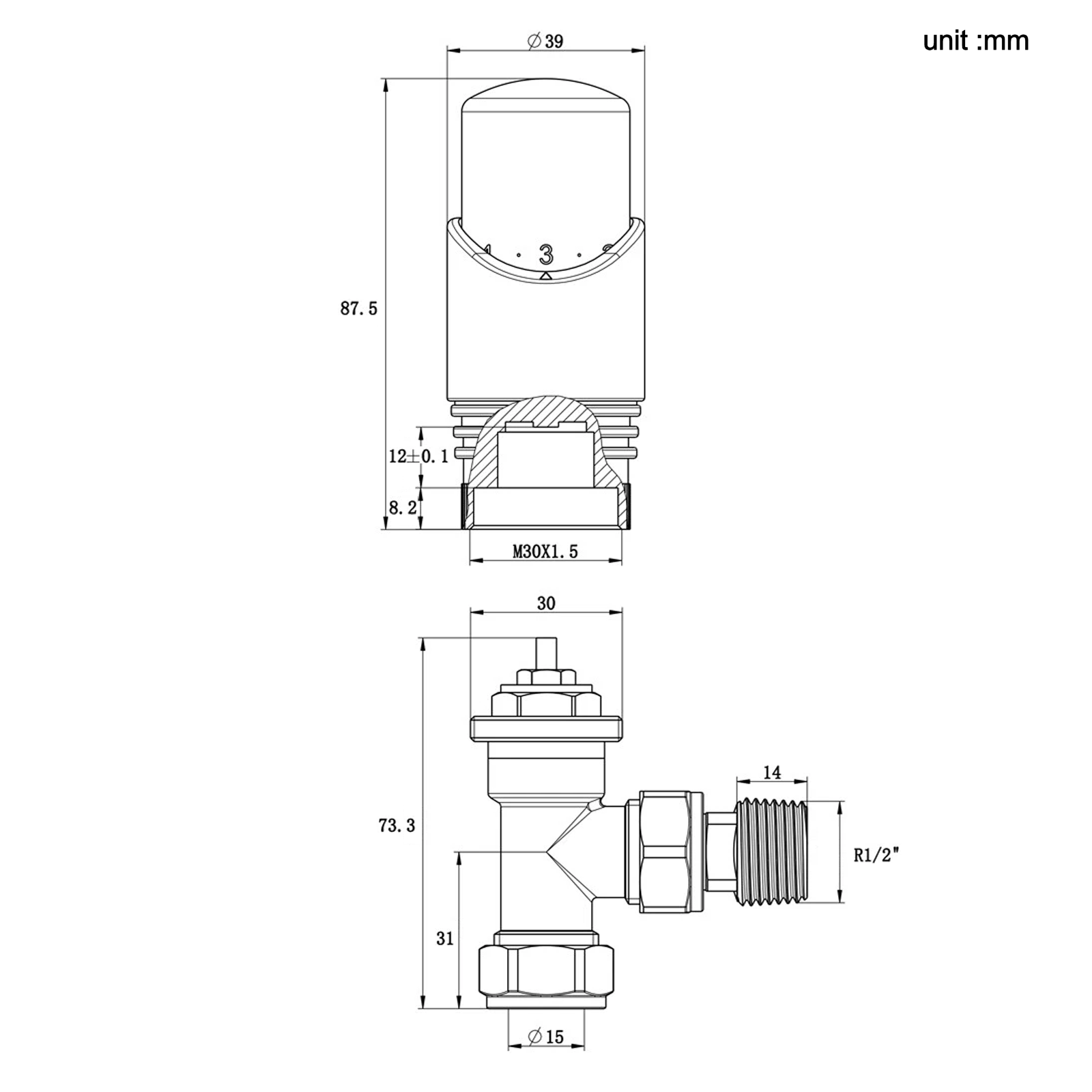 Dimension drawing of a STECHHOMES angled radiator valve set showing valve and connection measurements.