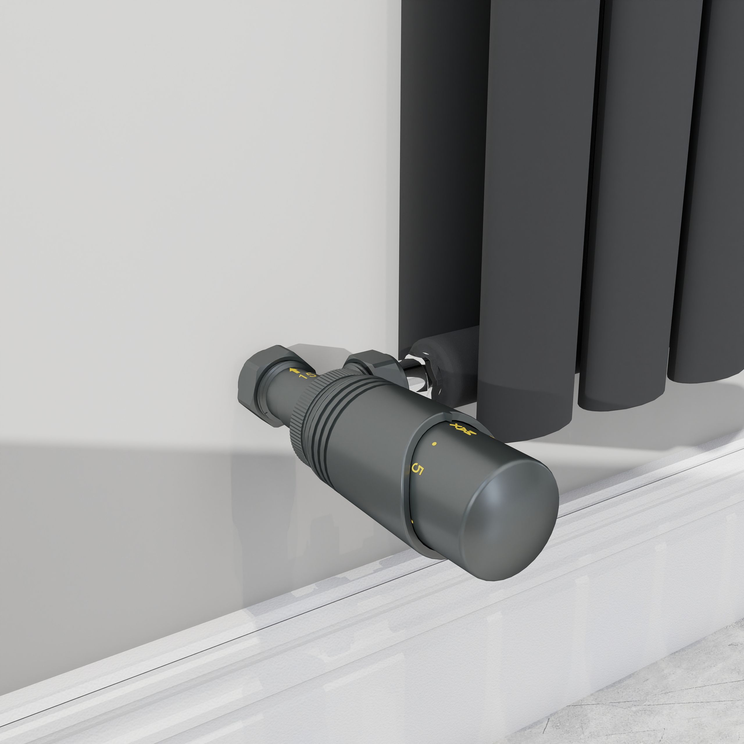 Close-up of an Anthracite Thermostatic Radiator Valve (TRV) showing design and finish details.