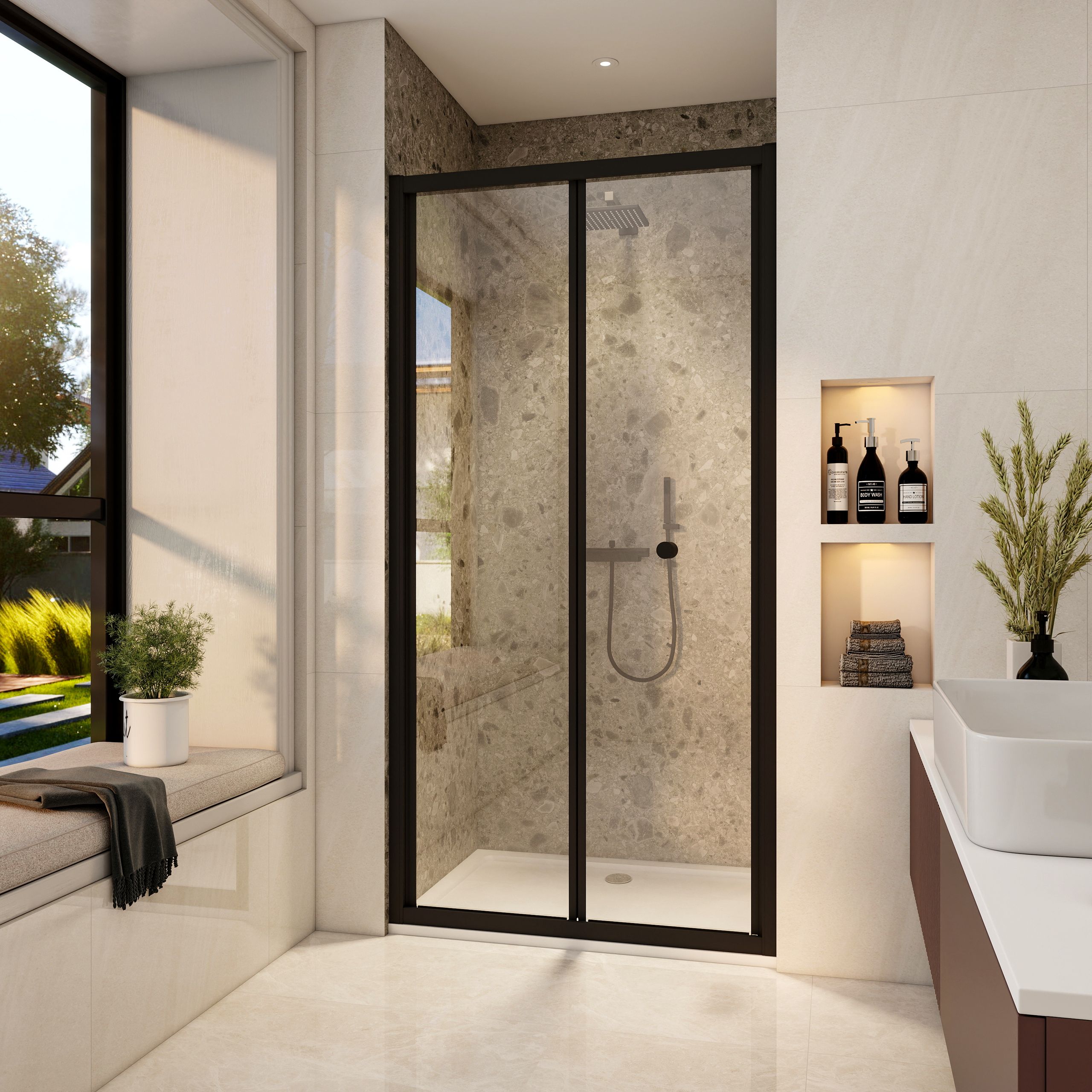 STECHHOMES Black Framed Bi-fold Shower Door 5mm Tempered Glass Shower Enclosure 