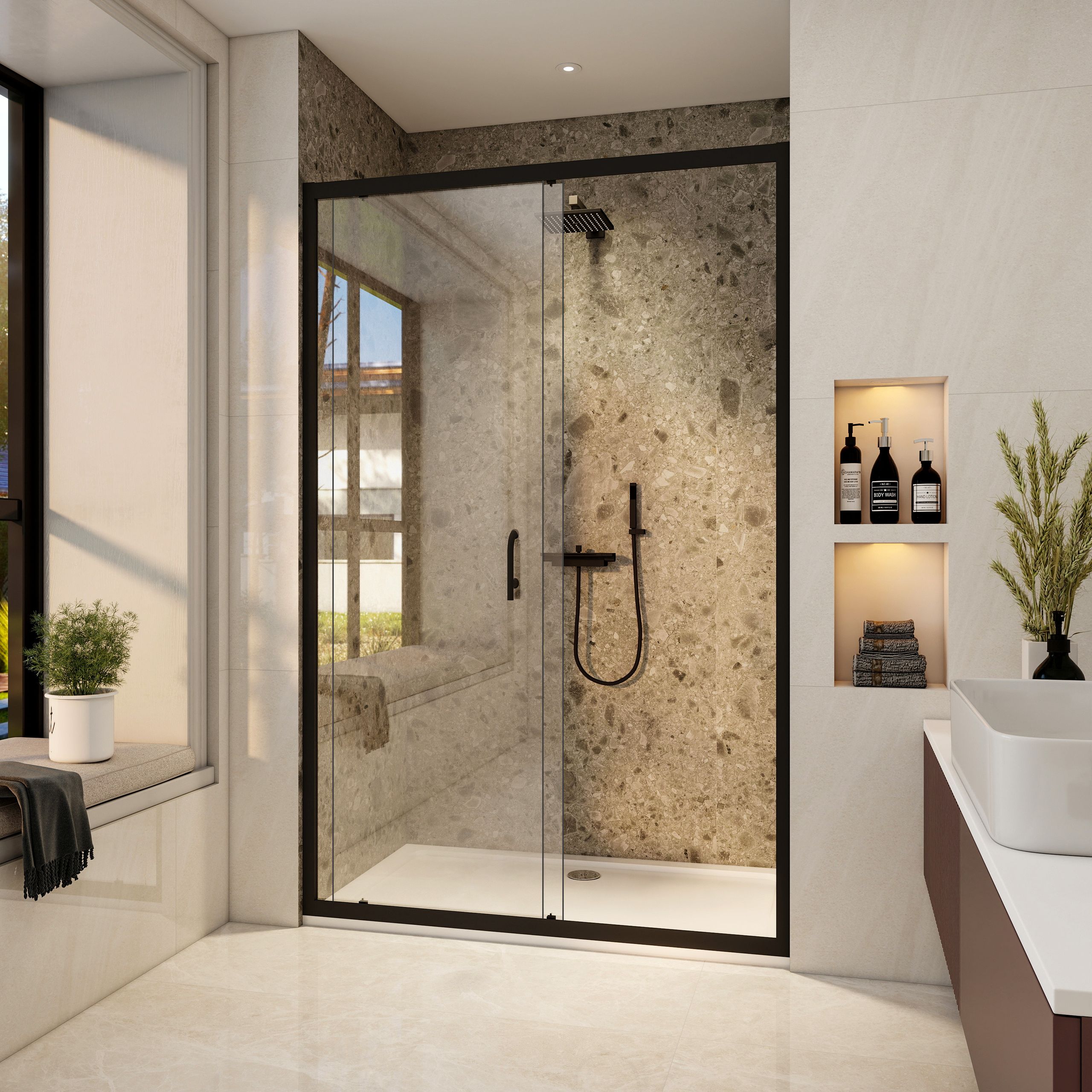 STECHHOMES Black Sliding Shower Door with Tray 5mm Glass Cubicle Bathroom