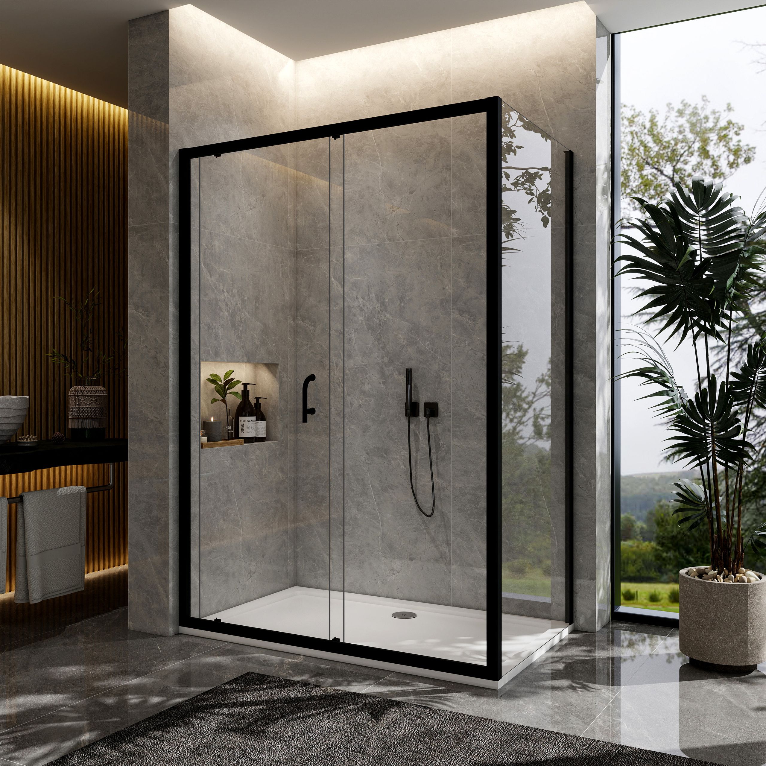 STECHHOMES Black Sliding Shower Door Walk in Enclosure 5mm Tempered Glass Side Panel with Tray