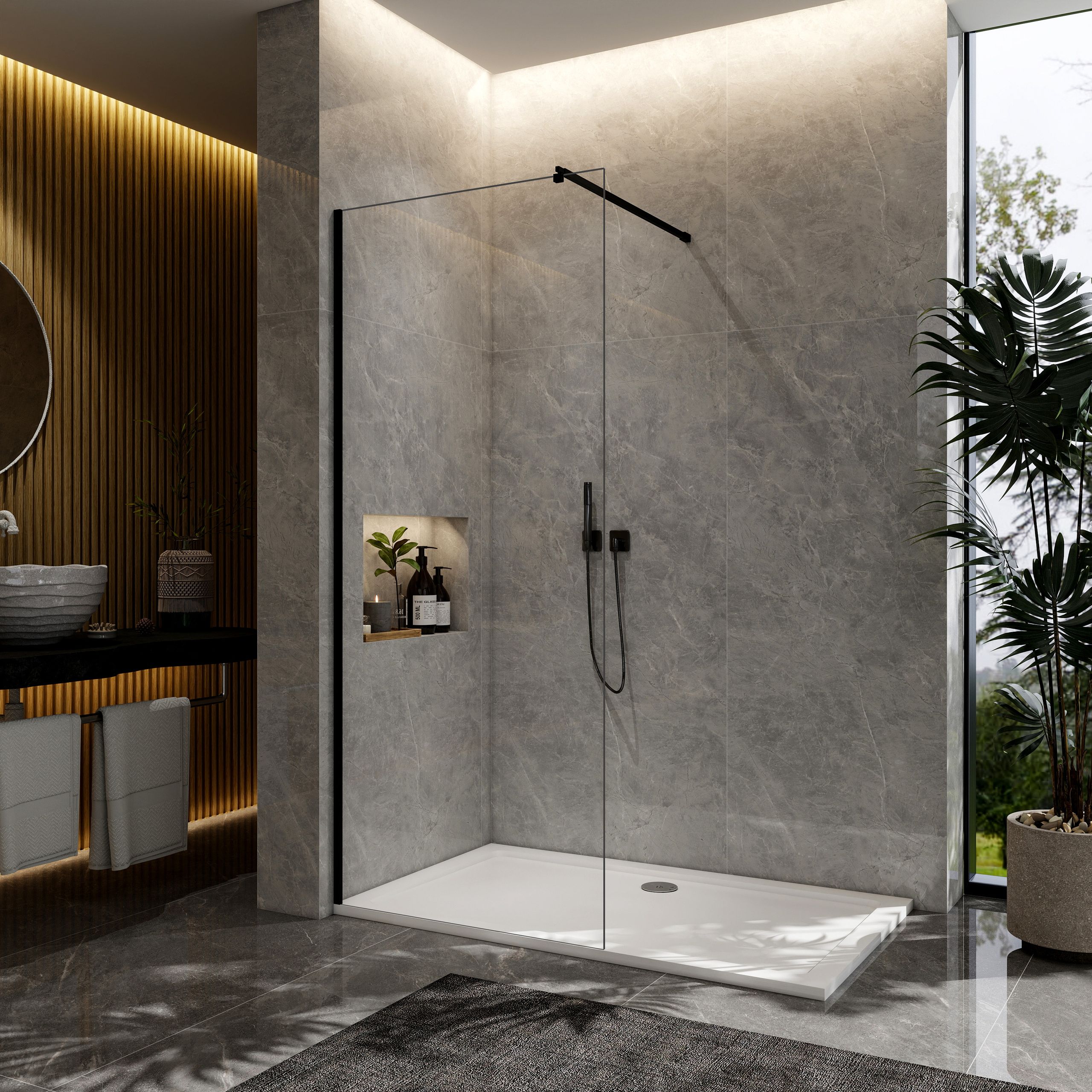 STECHHOMES  Black Walk In Shower Enclosure Screen Wet Room 8mm NANO Glass Panel Cubicle