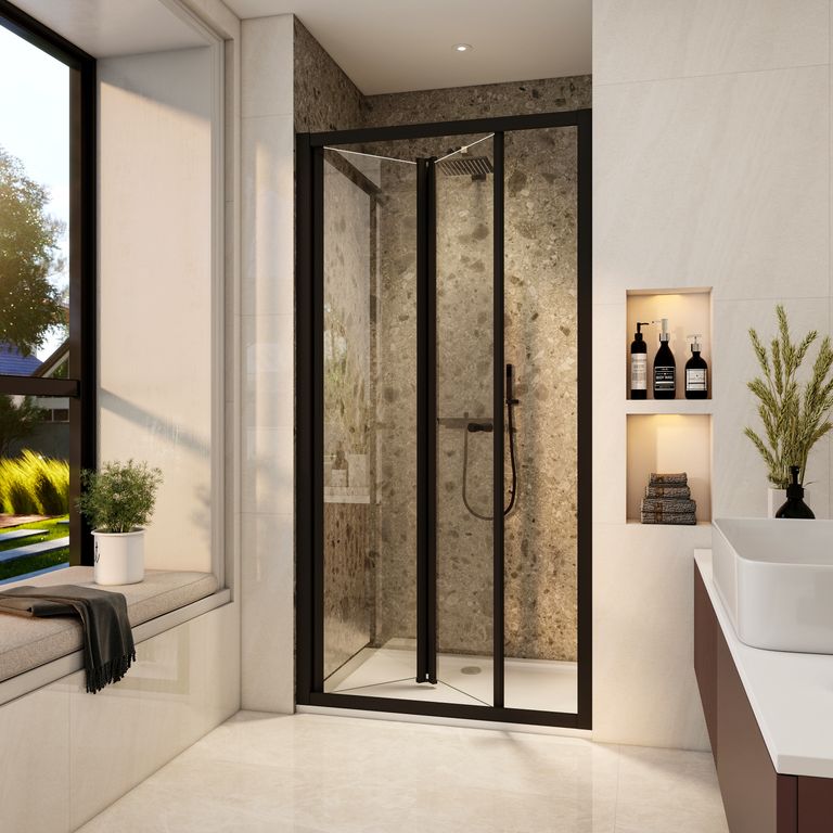 STECHHOMES Black Framed Bi-fold Shower Door 5mm Tempered Glass Shower Enclosure 