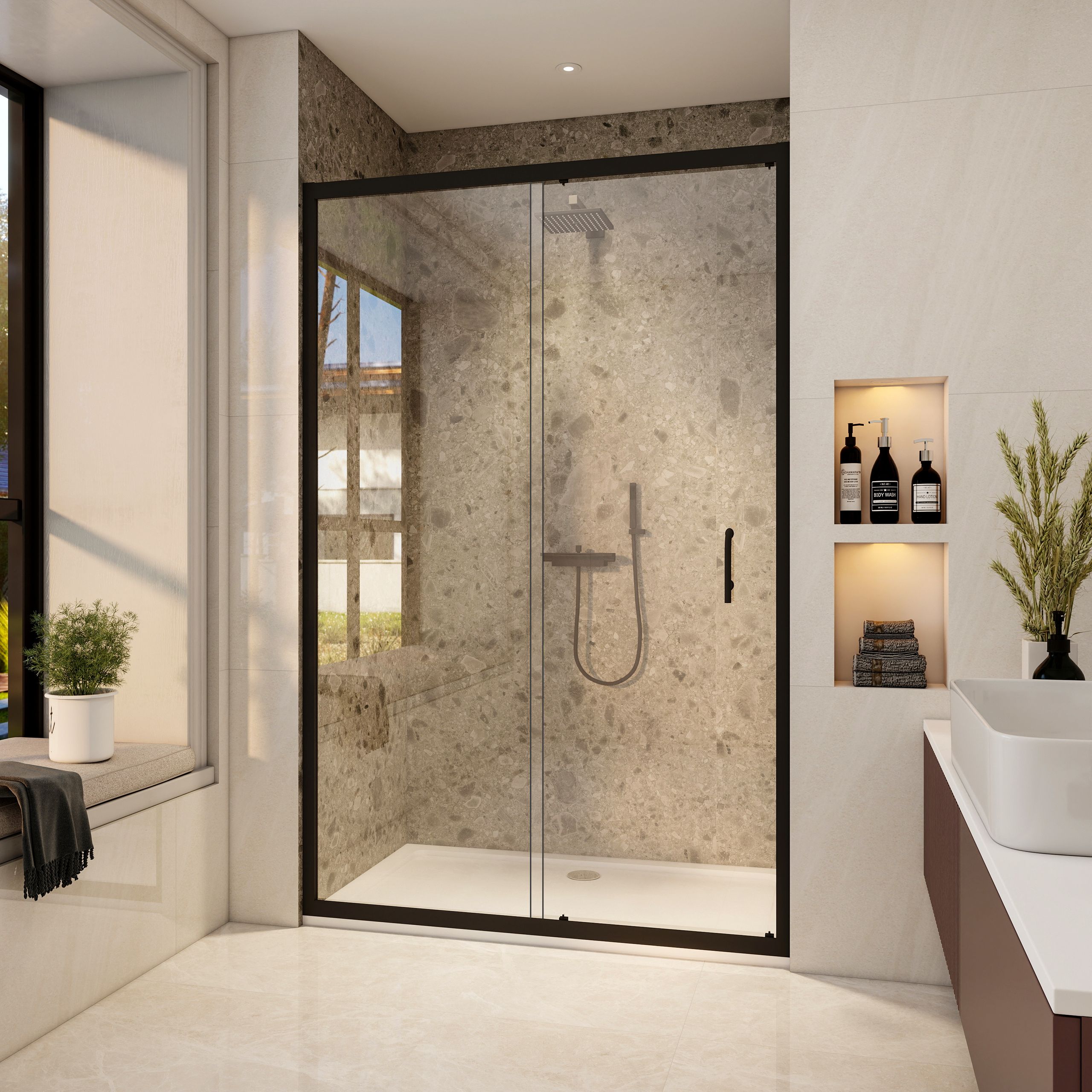 STECHHOMES Black Sliding Shower Door with Tray 5mm Glass Cubicle Bathroom