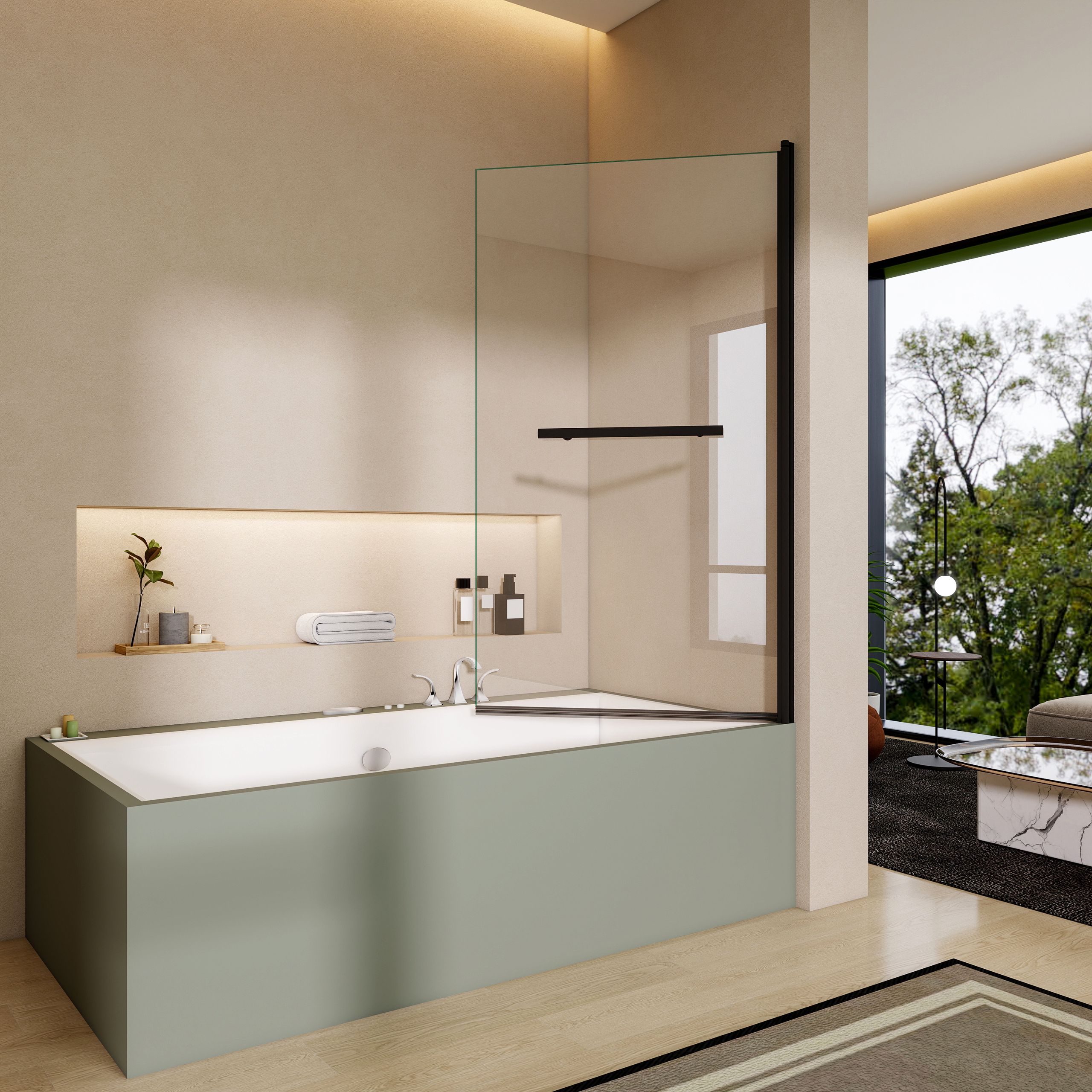 STECHHOMES  800x1400mm 180° Pivot Bath Shower Screen 6mm Glass Door Panel Towel Rail Optional — Bath Screen Style: Square - Black; Towel Rail Handle: Yes