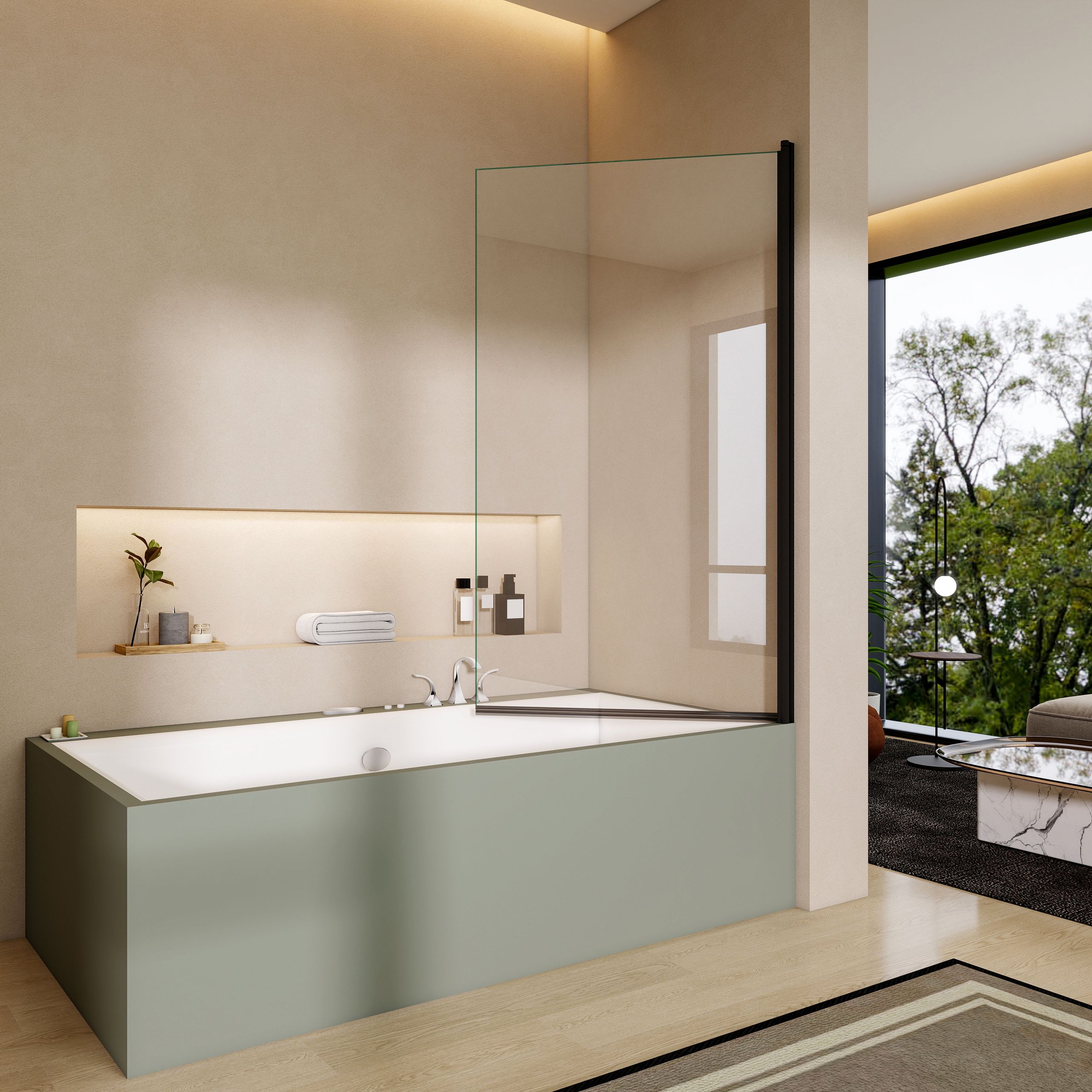 STECHHOMES  800x1400mm 180° Pivot Bath Shower Screen 6mm Glass Door Panel Towel Rail Optional — Bath Screen Style: Square - Black; Towel Rail Handle: No
