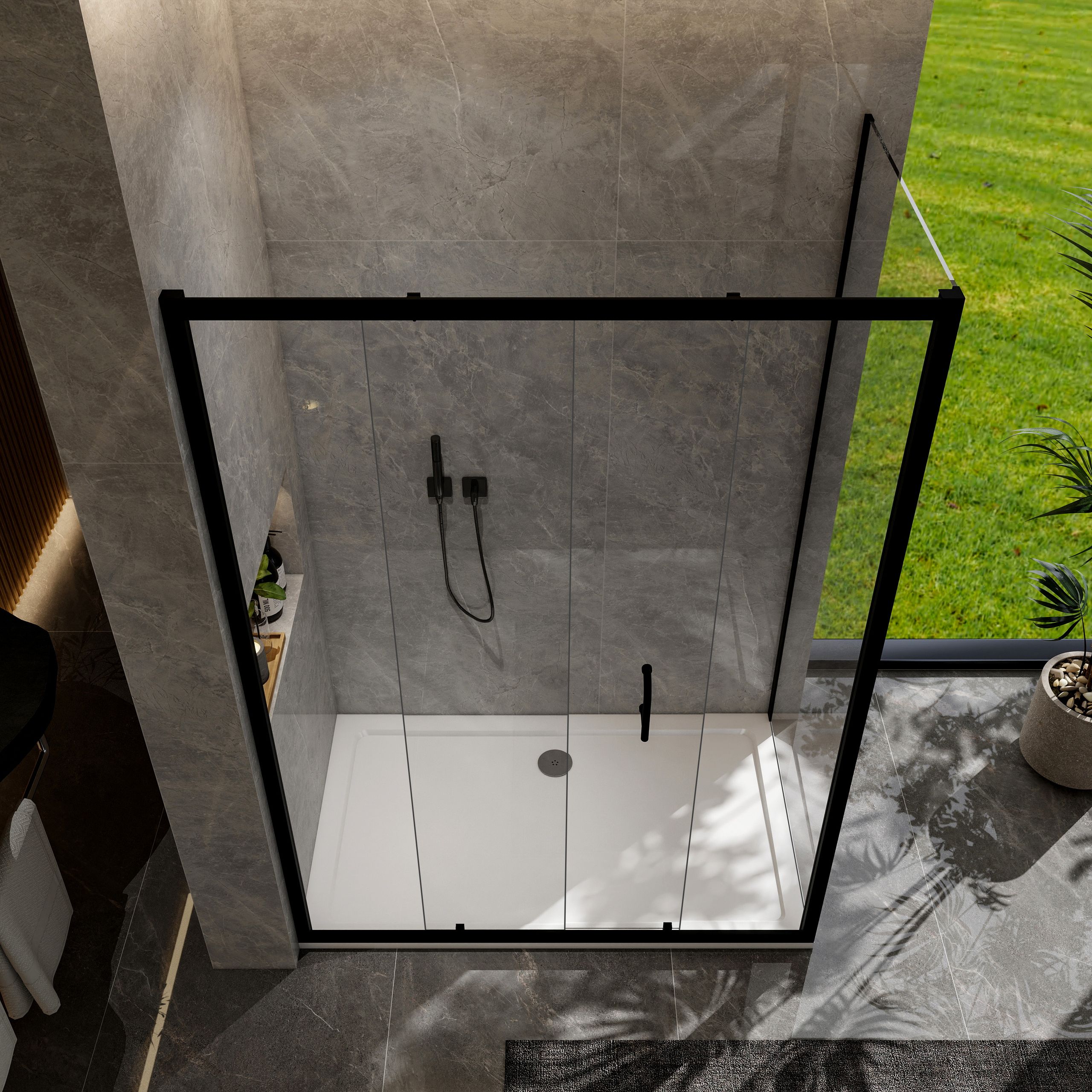 STECHHOMES Black Sliding Shower Door Walk in Enclosure 5mm Tempered Glass Side Panel with Tray
