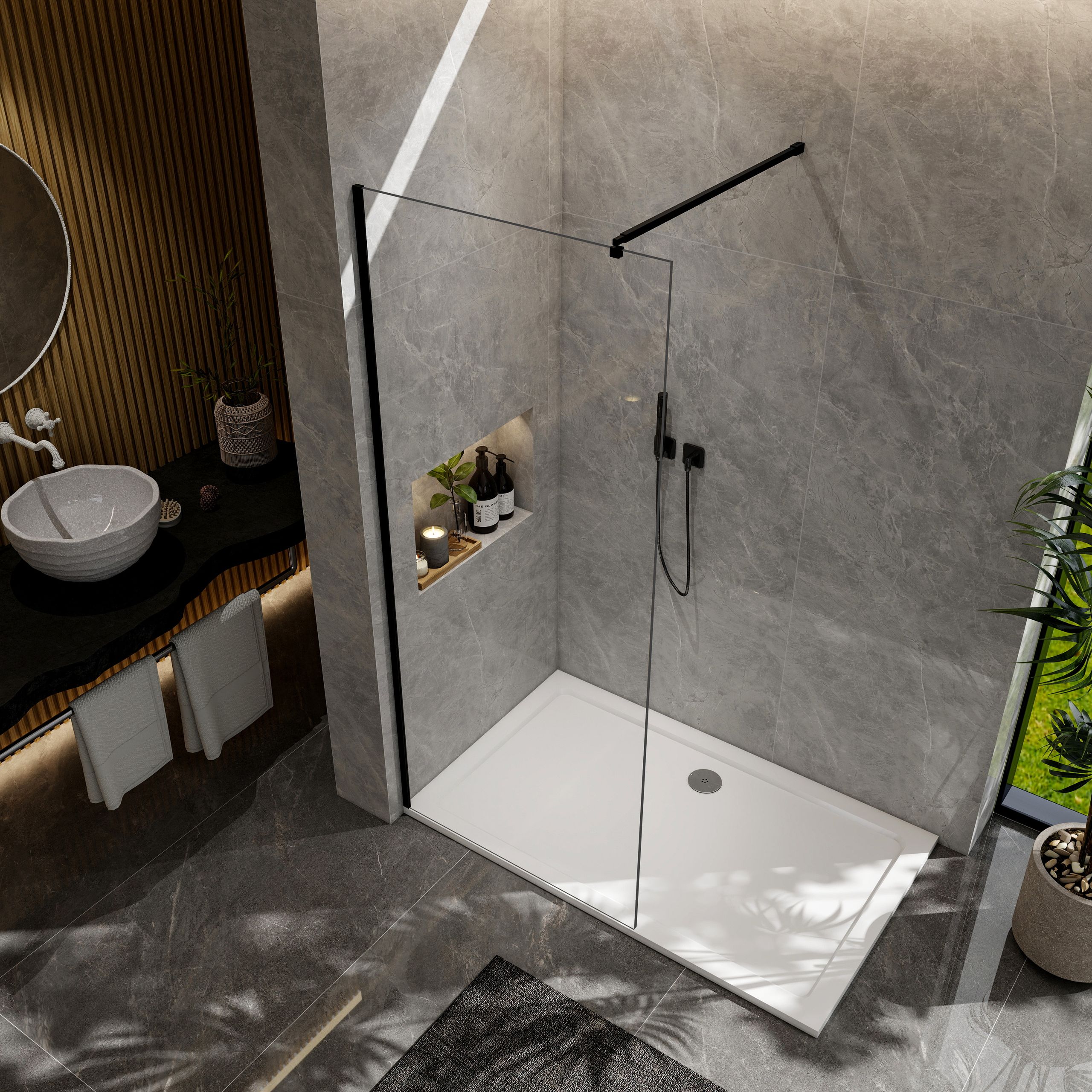STECHHOMES  Black Walk In Shower Enclosure Screen Wet Room 8mm NANO Glass Panel Cubicle