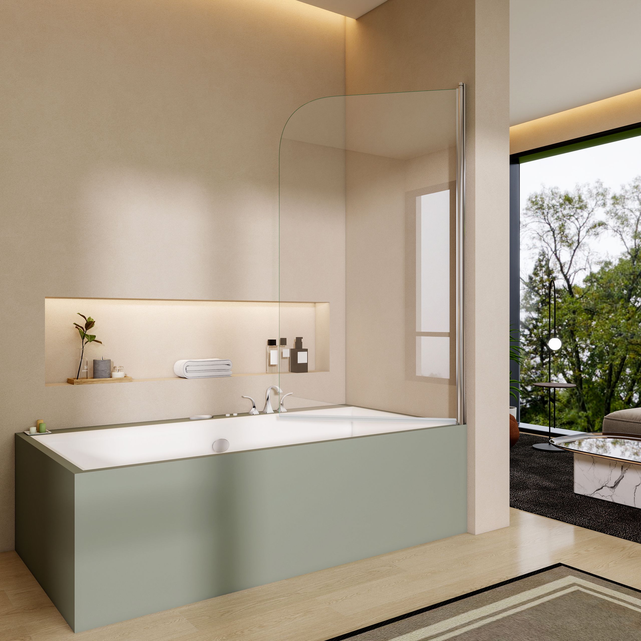 STECHHOMES  800x1400mm 180° Pivot Bath Shower Screen 6mm Glass Door Panel Towel Rail Optional — Bath Screen Style: Curved - Chrome ; Towel Rail Handle: No