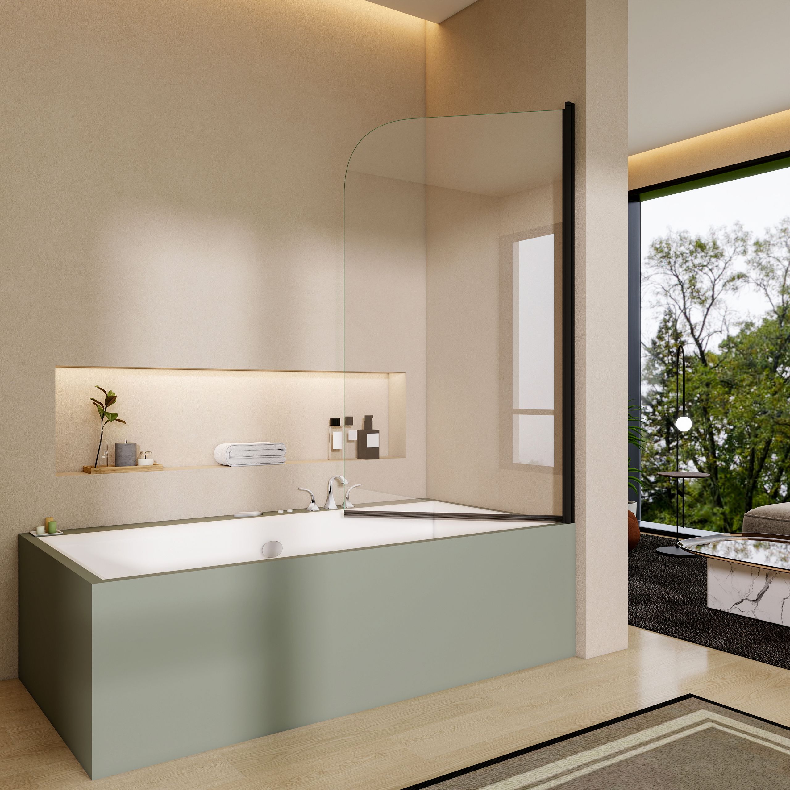 STECHHOMES  800x1400mm 180° Pivot Bath Shower Screen 6mm Glass Door Panel Towel Rail Optional — Bath Screen Style: Curved - Black ; Towel Rail Handle: No