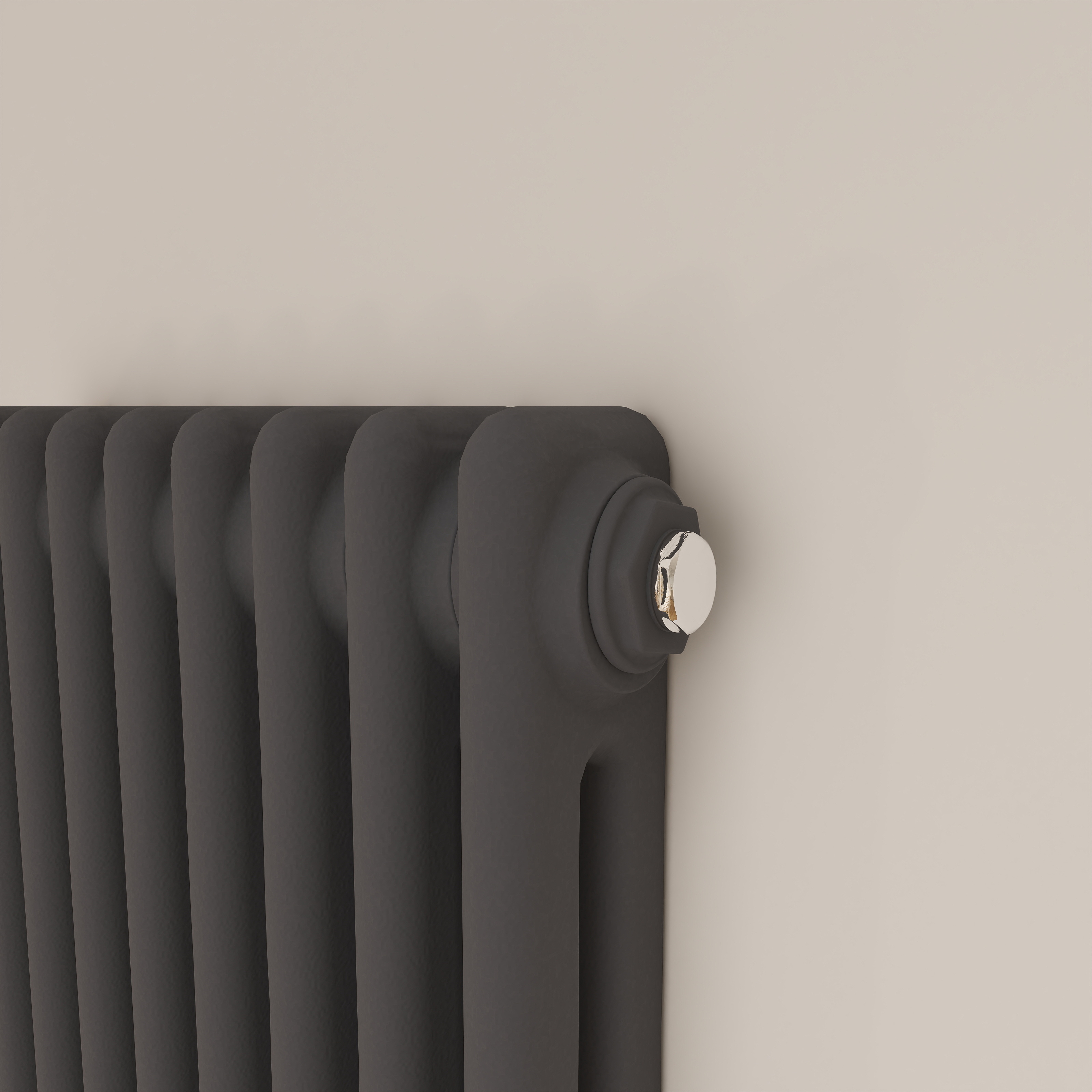 Close-up of an Anthracite 2 Column Cast Iron Column Radiator with Valves, showing the Cast Iron Tube Detail.