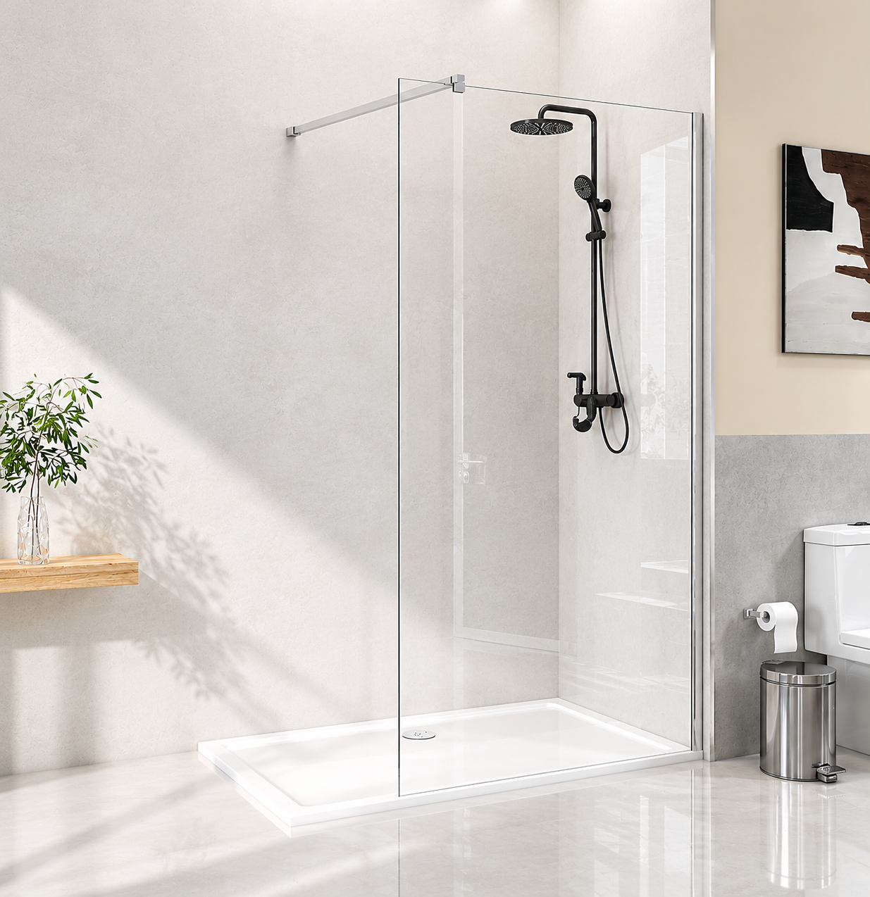 STECHHOMES Walk-In Wet Room Shower Enclosure with Chrome Frame & Tray