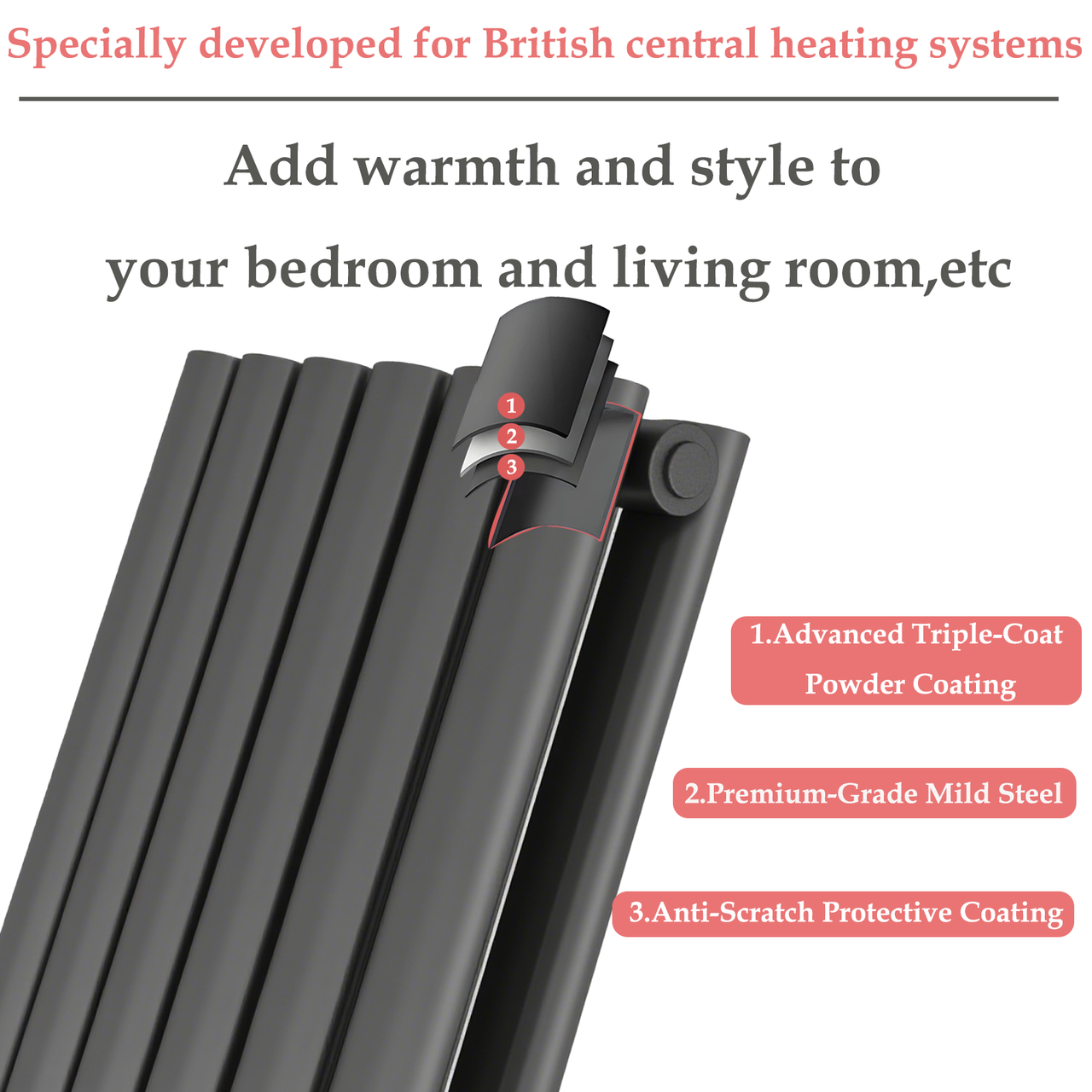 Close-up of a STECHHOMES Oval Column Radiator showing the triple-coat finish, premium steel construction, and durable anti-scratch coating.