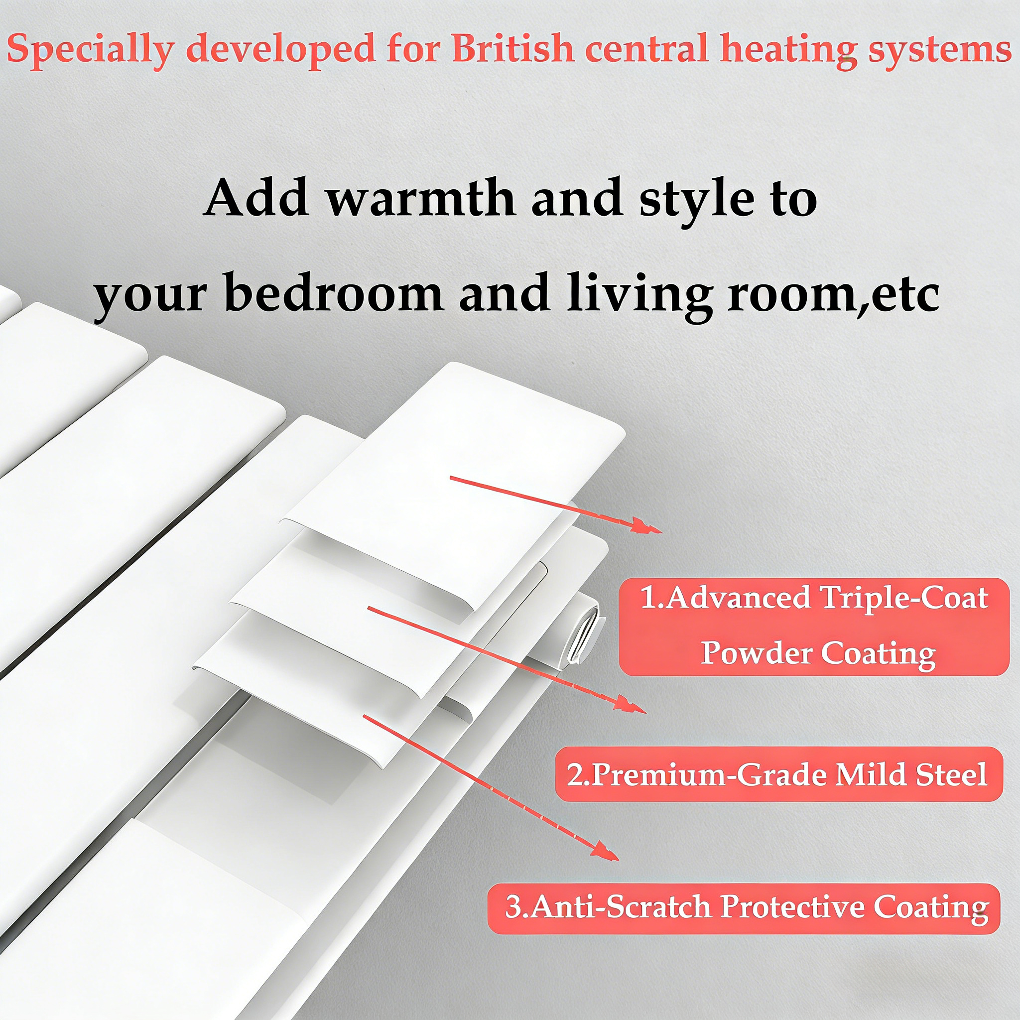 Close-up of a STECHHOMES Flat Panel Radiator showing the triple-coat finish, premium steel construction, and durable anti-scratch coating.