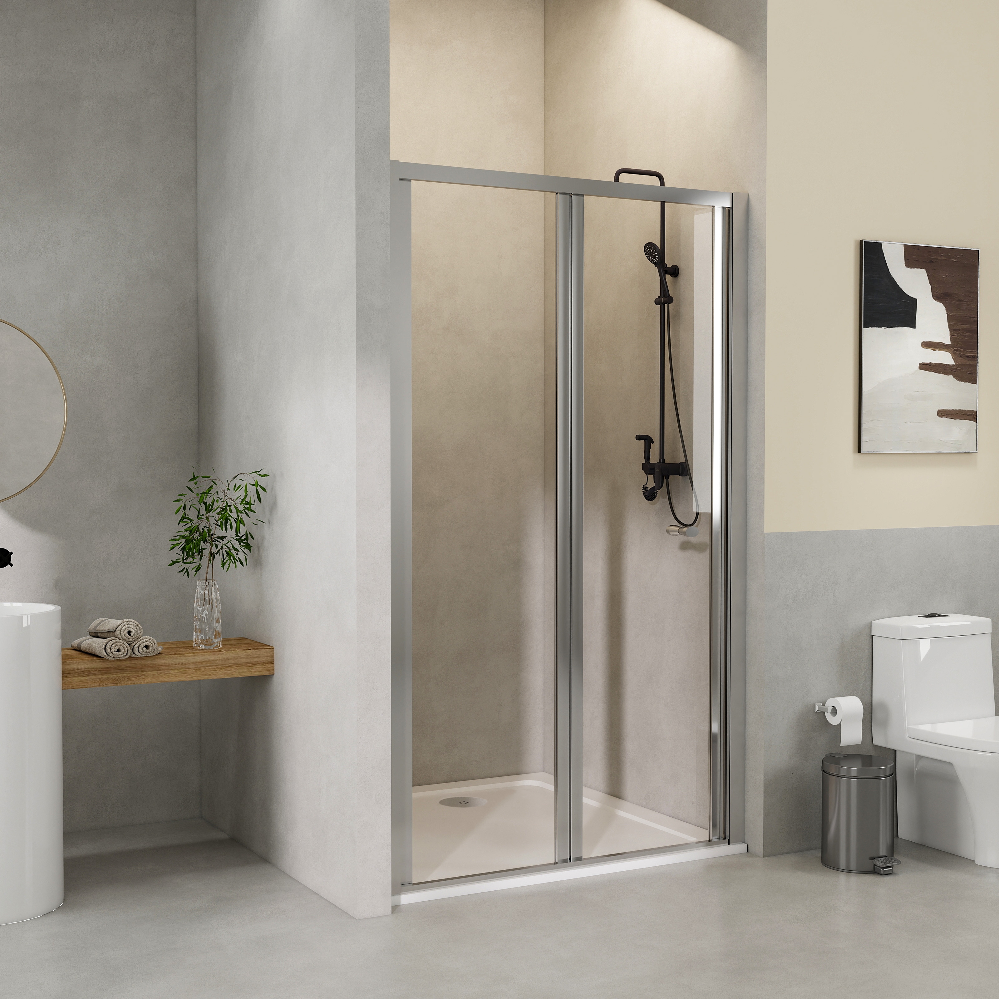 STECHHOMES Framed Bi fold Shower Door 5mm Tempered Glass Shower Enclosure  — Door Width：700mm；Shower Tray：800x700mm