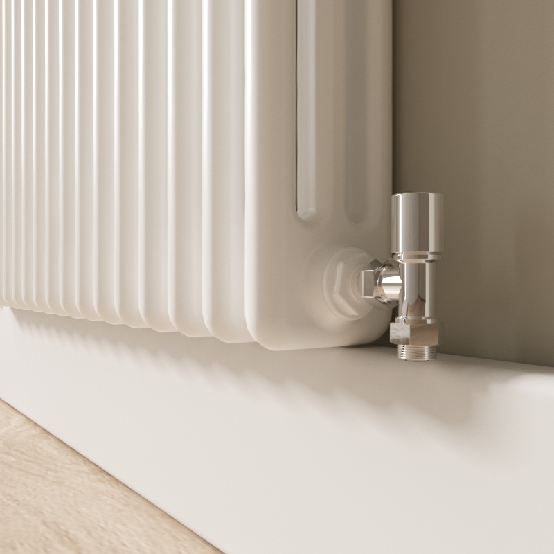 Close-up of an White 3 Column Cast Iron Column Radiator with Valves, showing the Cast Iron Tube Detail.